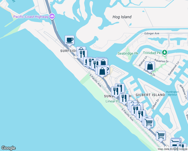 map of restaurants, bars, coffee shops, grocery stores, and more near 16372 North Pacific Avenue in Huntington Beach