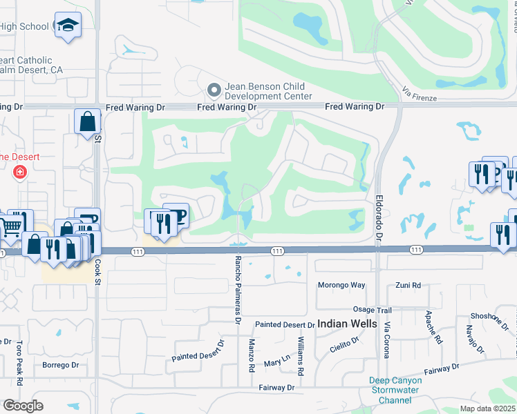 map of restaurants, bars, coffee shops, grocery stores, and more near 44979 Saint Helena Court in Indian Wells
