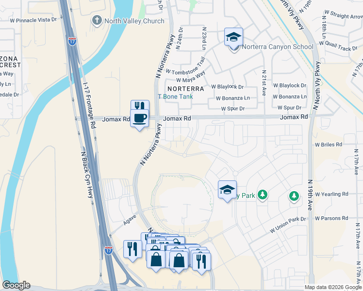 map of restaurants, bars, coffee shops, grocery stores, and more near White Thorn in Phoenix