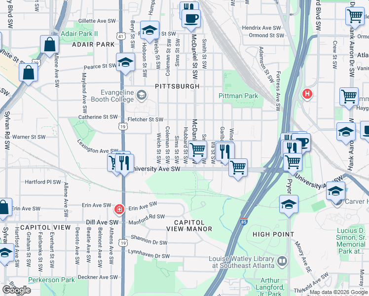 map of restaurants, bars, coffee shops, grocery stores, and more near 1147 Hubbard Street Southwest in Atlanta