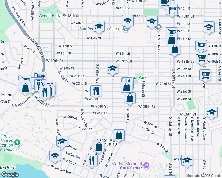 map of restaurants, bars, coffee shops, grocery stores, and more near 1108 West 23rd Street in Los Angeles