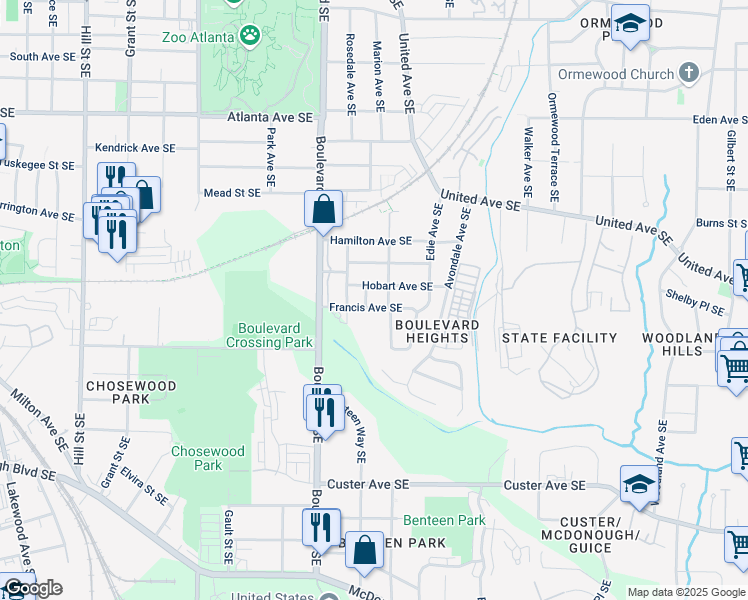 map of restaurants, bars, coffee shops, grocery stores, and more near 1142 Lonetia Street Southeast in Atlanta