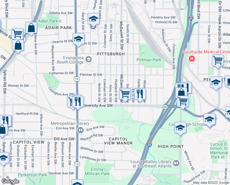 map of restaurants, bars, coffee shops, grocery stores, and more near 1147 Hubbard Street Southwest in Atlanta