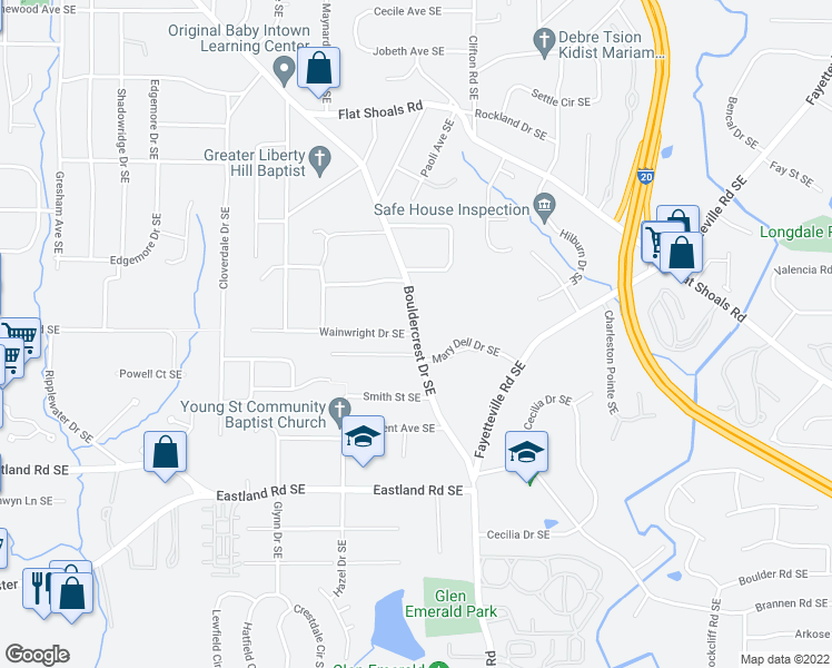 map of restaurants, bars, coffee shops, grocery stores, and more near Bouldercrest Dr SE & Wainwright Dr SE in Atlanta
