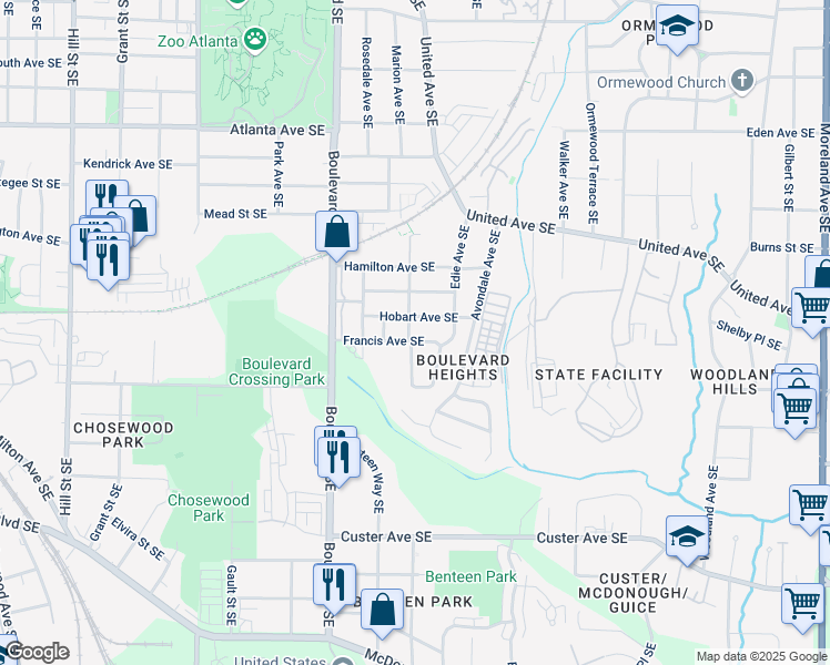 map of restaurants, bars, coffee shops, grocery stores, and more near 1136 Morley Avenue Southeast in Atlanta