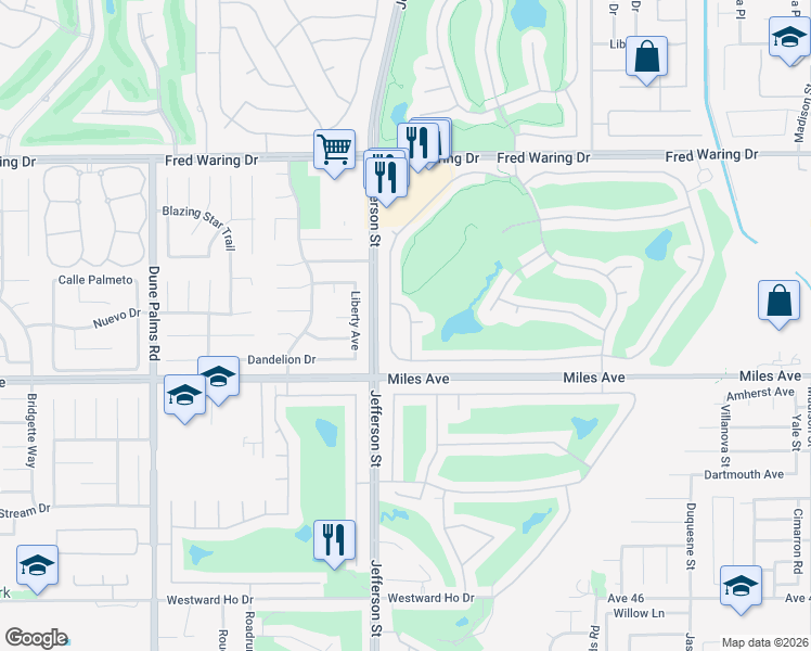 map of restaurants, bars, coffee shops, grocery stores, and more near 44114 Royal Troon Drive in Indio