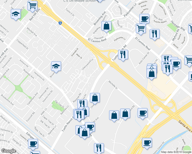 map of restaurants, bars, coffee shops, grocery stores, and more near 2341 Medlar Road in Tustin