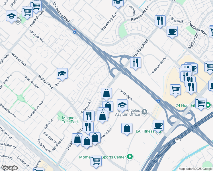 map of restaurants, bars, coffee shops, grocery stores, and more near 2341 Medlar Road in Tustin