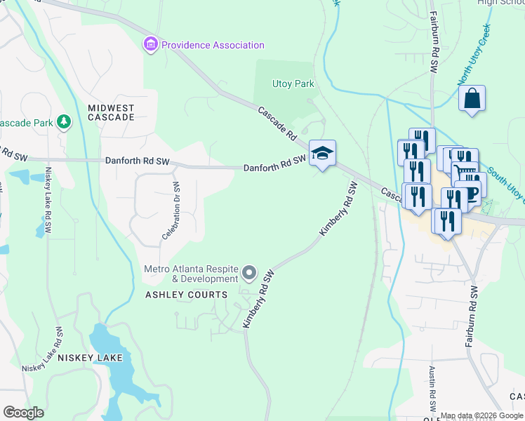 map of restaurants, bars, coffee shops, grocery stores, and more near 4060 Danforth Road Southwest in Atlanta