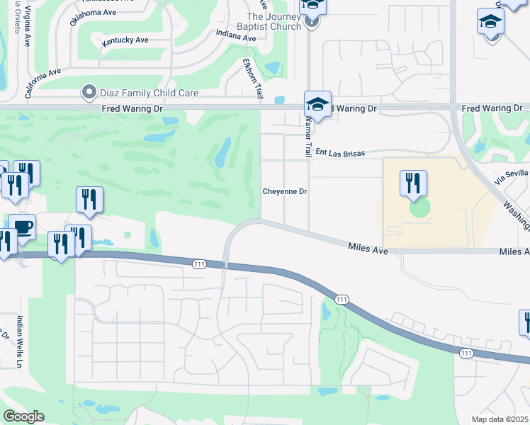 map of restaurants, bars, coffee shops, grocery stores, and more near 77384 Miles Avenue in Indian Wells
