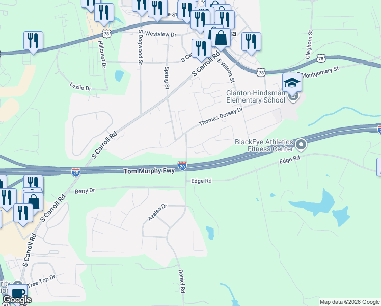 map of restaurants, bars, coffee shops, grocery stores, and more near 414 Erin Court in Villa Rica