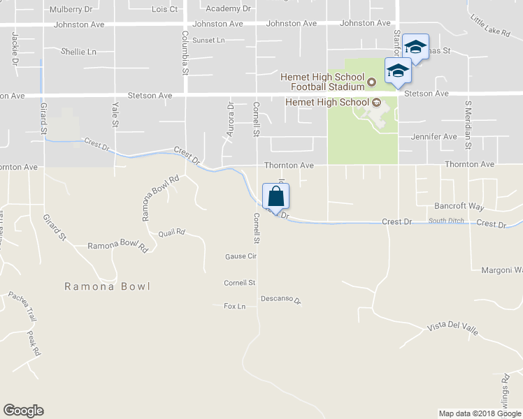 map of restaurants, bars, coffee shops, grocery stores, and more near 41257 Crest Drive in Hemet