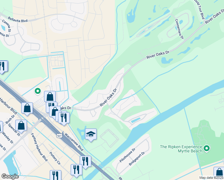 map of restaurants, bars, coffee shops, grocery stores, and more near 556 White River Drive in Myrtle Beach