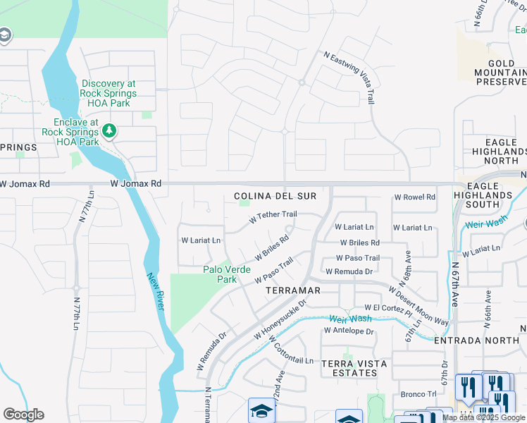 map of restaurants, bars, coffee shops, grocery stores, and more near 7208 West Tether Trail in Peoria
