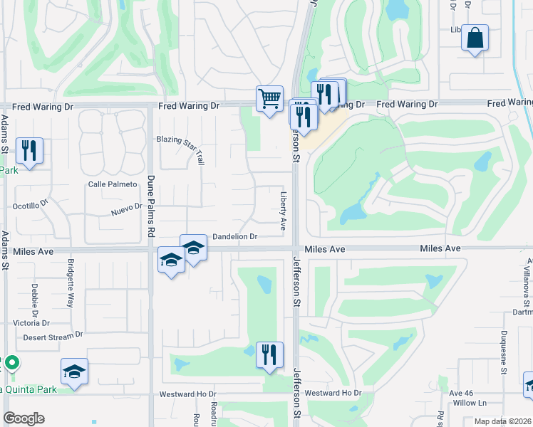 map of restaurants, bars, coffee shops, grocery stores, and more near 79871 William Stone Way in La Quinta