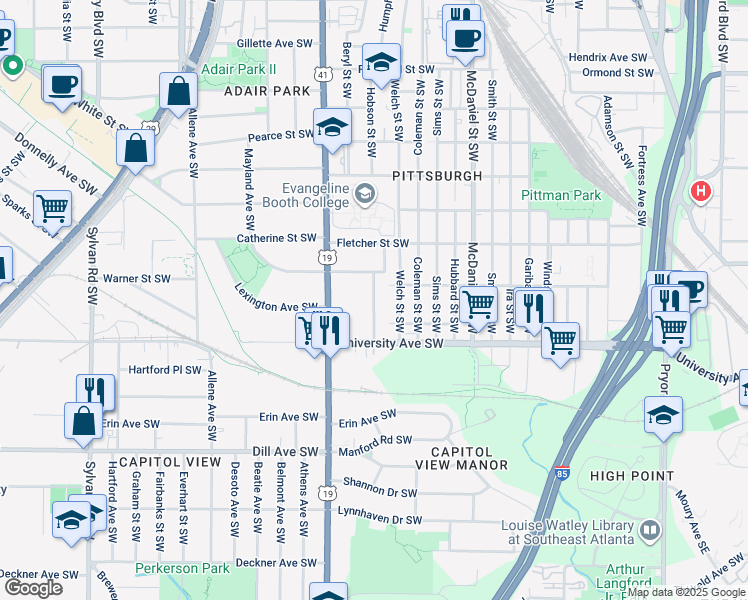 map of restaurants, bars, coffee shops, grocery stores, and more near Mayland Circle Southwest in Atlanta