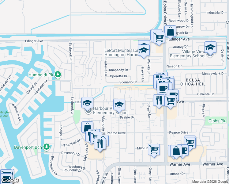 map of restaurants, bars, coffee shops, grocery stores, and more near 16407 De Anza Circle in Huntington Beach