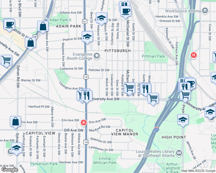map of restaurants, bars, coffee shops, grocery stores, and more near 1165 Welch Street Southwest in Atlanta