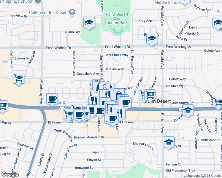 map of restaurants, bars, coffee shops, grocery stores, and more near 73600 San Gorgonio Way in Palm Desert