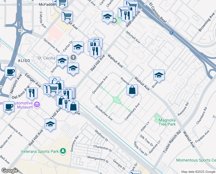 map of restaurants, bars, coffee shops, grocery stores, and more near 14692 Danberry Circle in Tustin