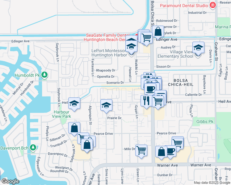 map of restaurants, bars, coffee shops, grocery stores, and more near 16408 Vista Roma Circle in Huntington Beach