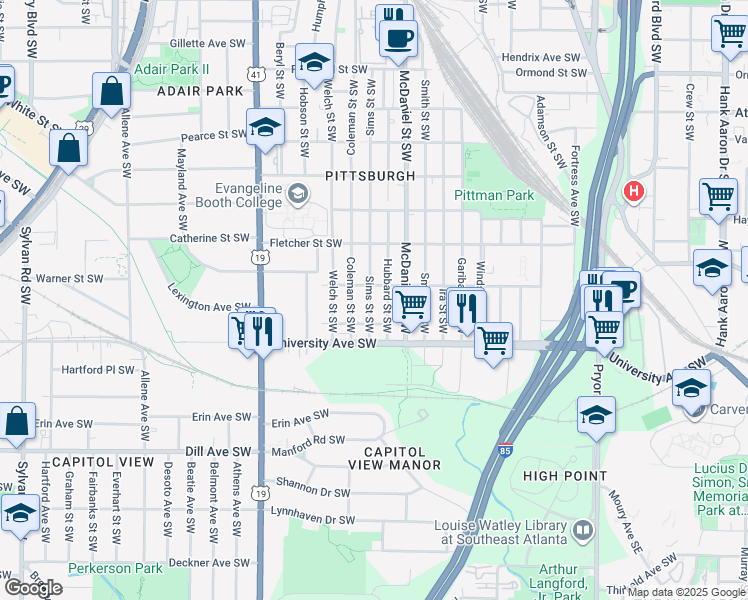 map of restaurants, bars, coffee shops, grocery stores, and more near 1146 Sims Street Southwest in Atlanta