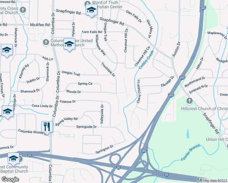 map of restaurants, bars, coffee shops, grocery stores, and more near 2233 Troutdale Drive in Decatur