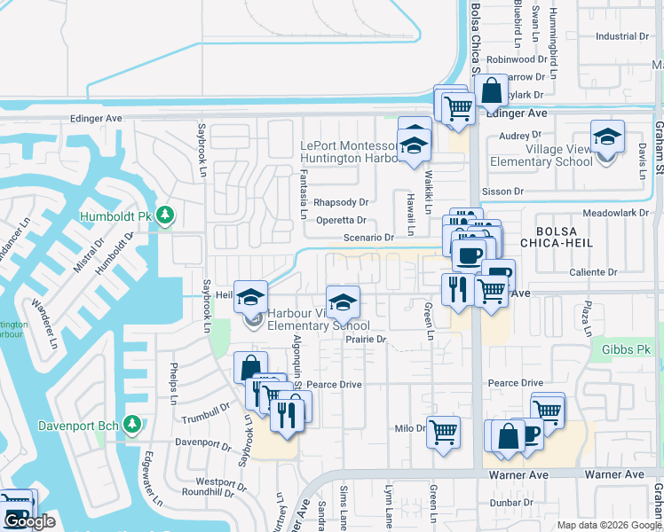 map of restaurants, bars, coffee shops, grocery stores, and more near 16407 De Anza Circle in Huntington Beach