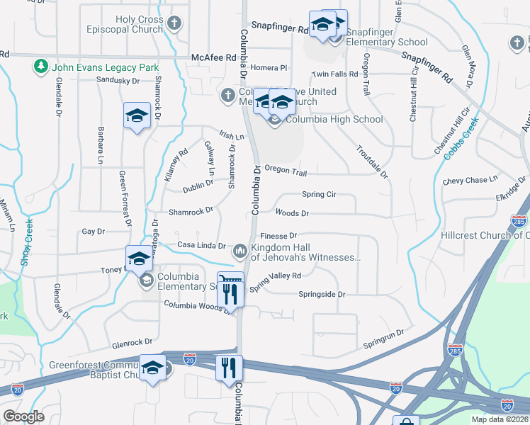map of restaurants, bars, coffee shops, grocery stores, and more near 3406 Finesse Drive in Decatur