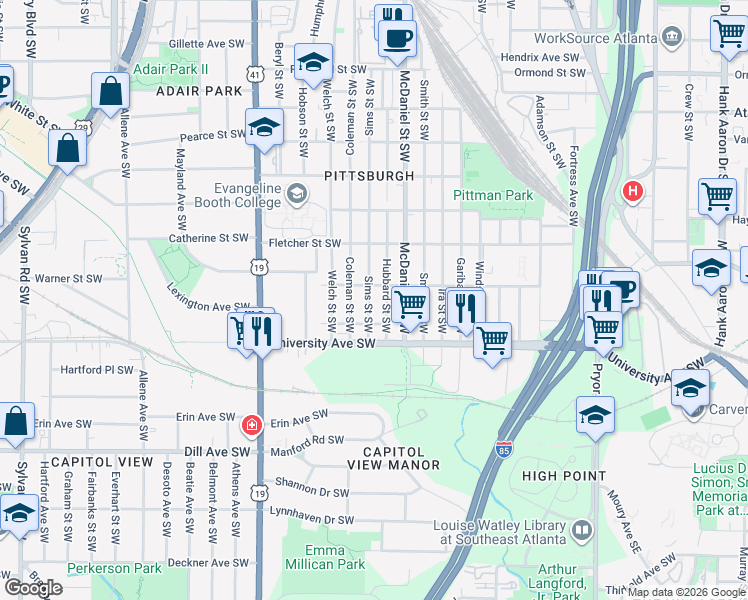 map of restaurants, bars, coffee shops, grocery stores, and more near 1171 Sims Street Southwest in Atlanta