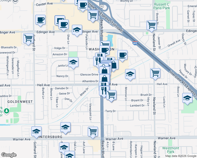 map of restaurants, bars, coffee shops, grocery stores, and more near 16401 Beach Boulevard in Huntington Beach
