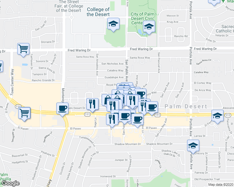 map of restaurants, bars, coffee shops, grocery stores, and more near 73435 San Gorgonio Way in Palm Desert