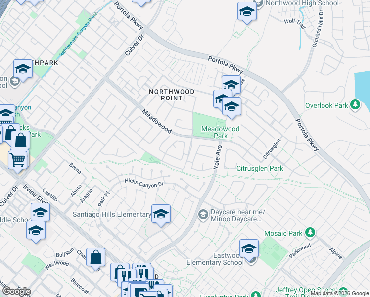 map of restaurants, bars, coffee shops, grocery stores, and more near 17 Woodhaven Lane in Irvine