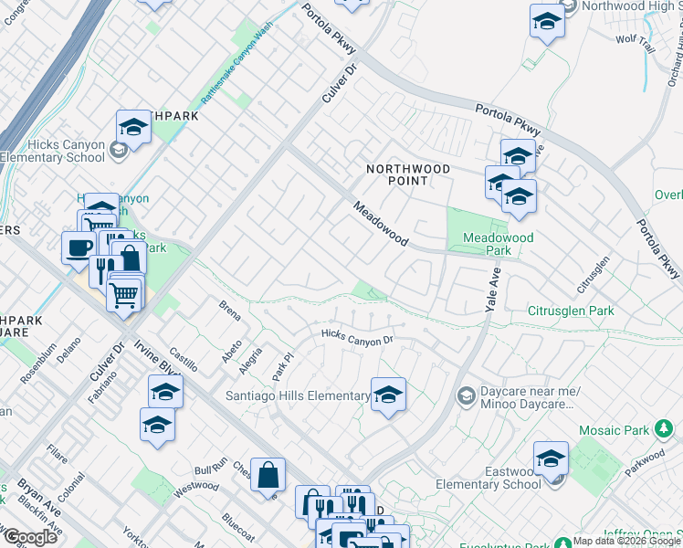 map of restaurants, bars, coffee shops, grocery stores, and more near in Irvine