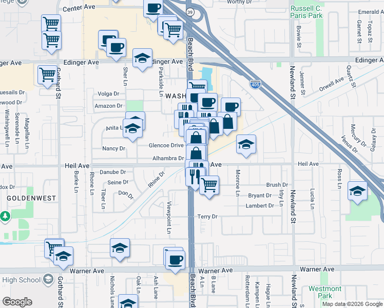 map of restaurants, bars, coffee shops, grocery stores, and more near 16502 Beach Boulevard in Huntington Beach