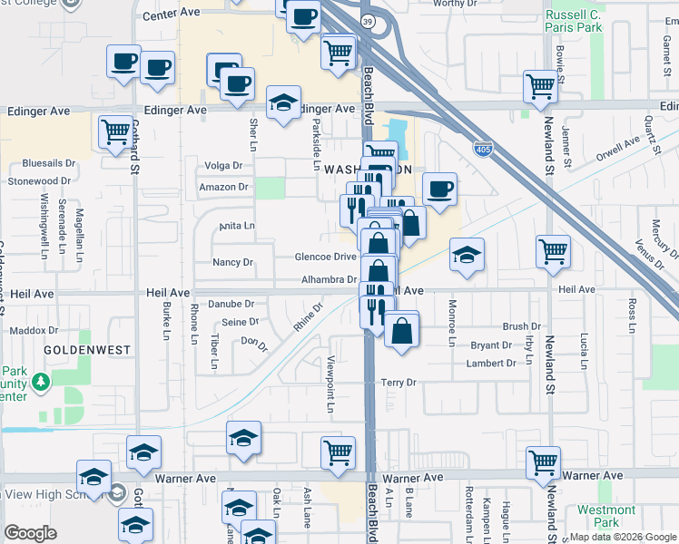 map of restaurants, bars, coffee shops, grocery stores, and more near 7942 Alhambra Drive in Huntington Beach