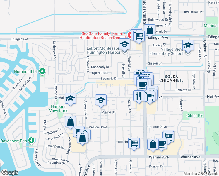 map of restaurants, bars, coffee shops, grocery stores, and more near 16456 La Villa Lane in Huntington Beach