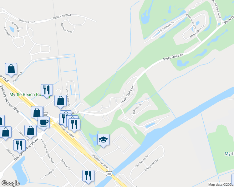 map of restaurants, bars, coffee shops, grocery stores, and more near 549 River Oaks Drive in Myrtle Beach