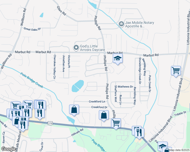 map of restaurants, bars, coffee shops, grocery stores, and more near 2215 Marbut Farms Trce in Lithonia