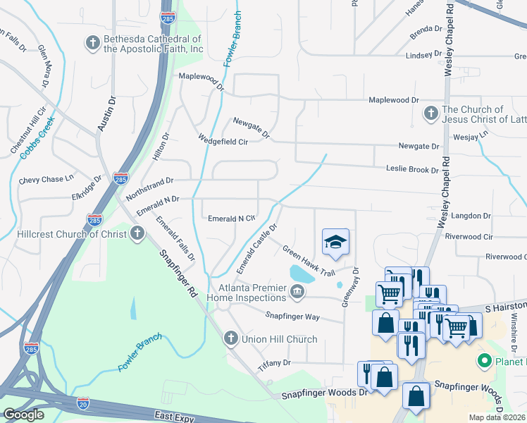map of restaurants, bars, coffee shops, grocery stores, and more near 2231 Emerald Castle Drive in Decatur