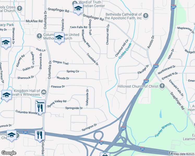 map of restaurants, bars, coffee shops, grocery stores, and more near 2233 Troutdale Drive in Decatur
