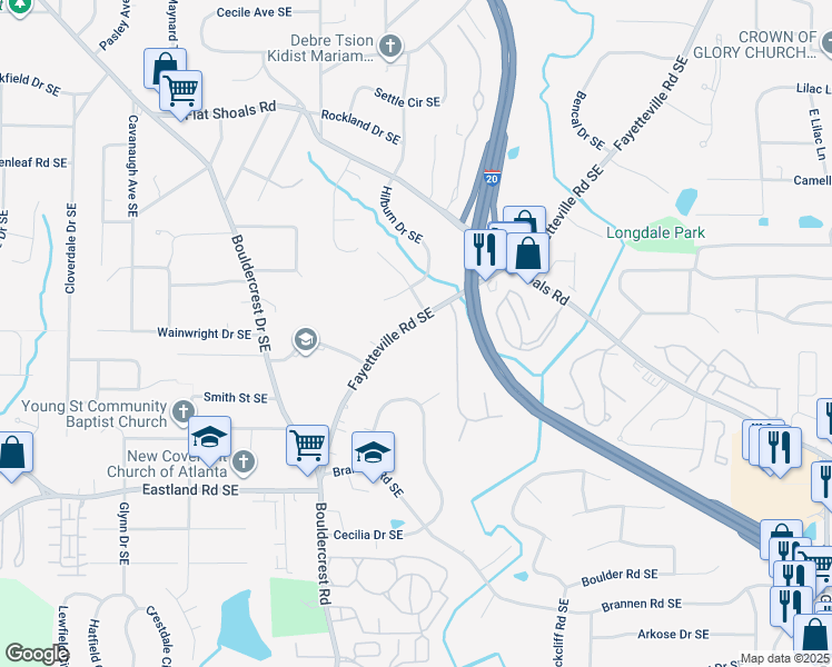 map of restaurants, bars, coffee shops, grocery stores, and more near 1136 Fayetteville Road Southeast in Atlanta