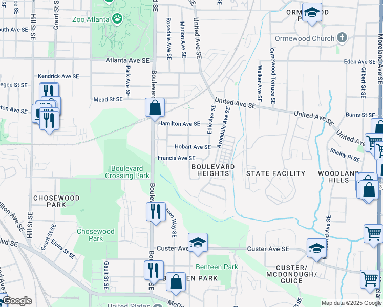 map of restaurants, bars, coffee shops, grocery stores, and more near 1136 Morley Avenue Southeast in Atlanta