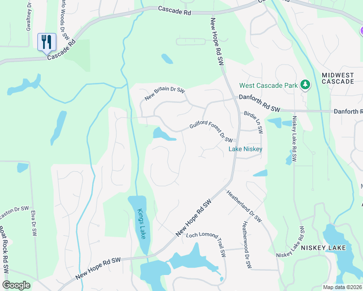 map of restaurants, bars, coffee shops, grocery stores, and more near 940 Forest Overlook Trail Southwest in Atlanta