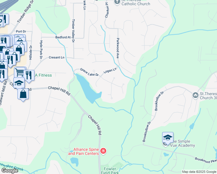 map of restaurants, bars, coffee shops, grocery stores, and more near 9565 Poplar Court in Douglasville