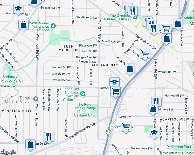 map of restaurants, bars, coffee shops, grocery stores, and more near 1147 Oakland Drive Southwest in Atlanta