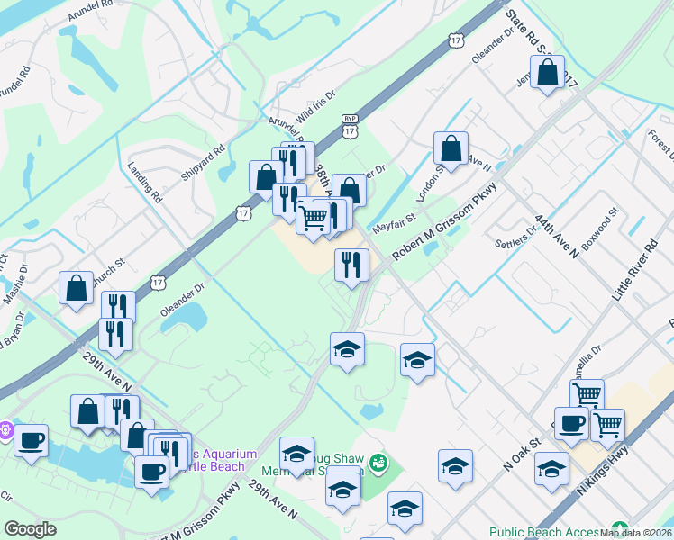 map of restaurants, bars, coffee shops, grocery stores, and more near 3533 Alexandria Avenue in Myrtle Beach