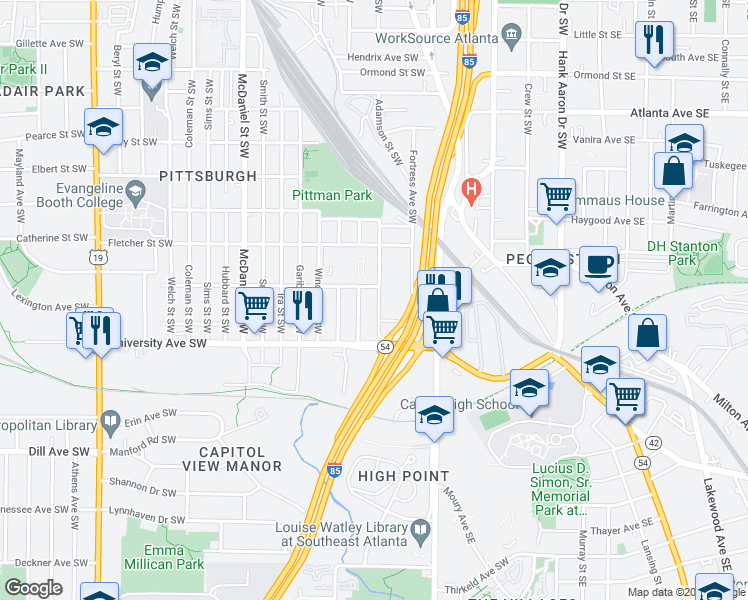 map of restaurants, bars, coffee shops, grocery stores, and more near 1141 West Avenue Southwest in Atlanta