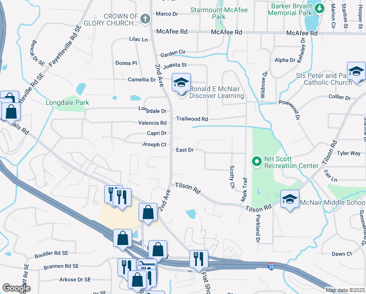 map of restaurants, bars, coffee shops, grocery stores, and more near 2038 East Drive in Decatur