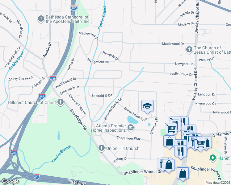 map of restaurants, bars, coffee shops, grocery stores, and more near 2231 Emerald Castle Drive in Decatur